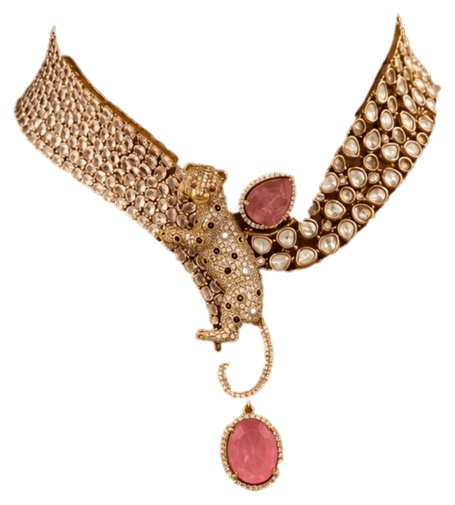 Panther — A band of rose-toned stones on one side and uncut polki on the other, meeting at a pavé panther with a rose teardrop at its shoulder.