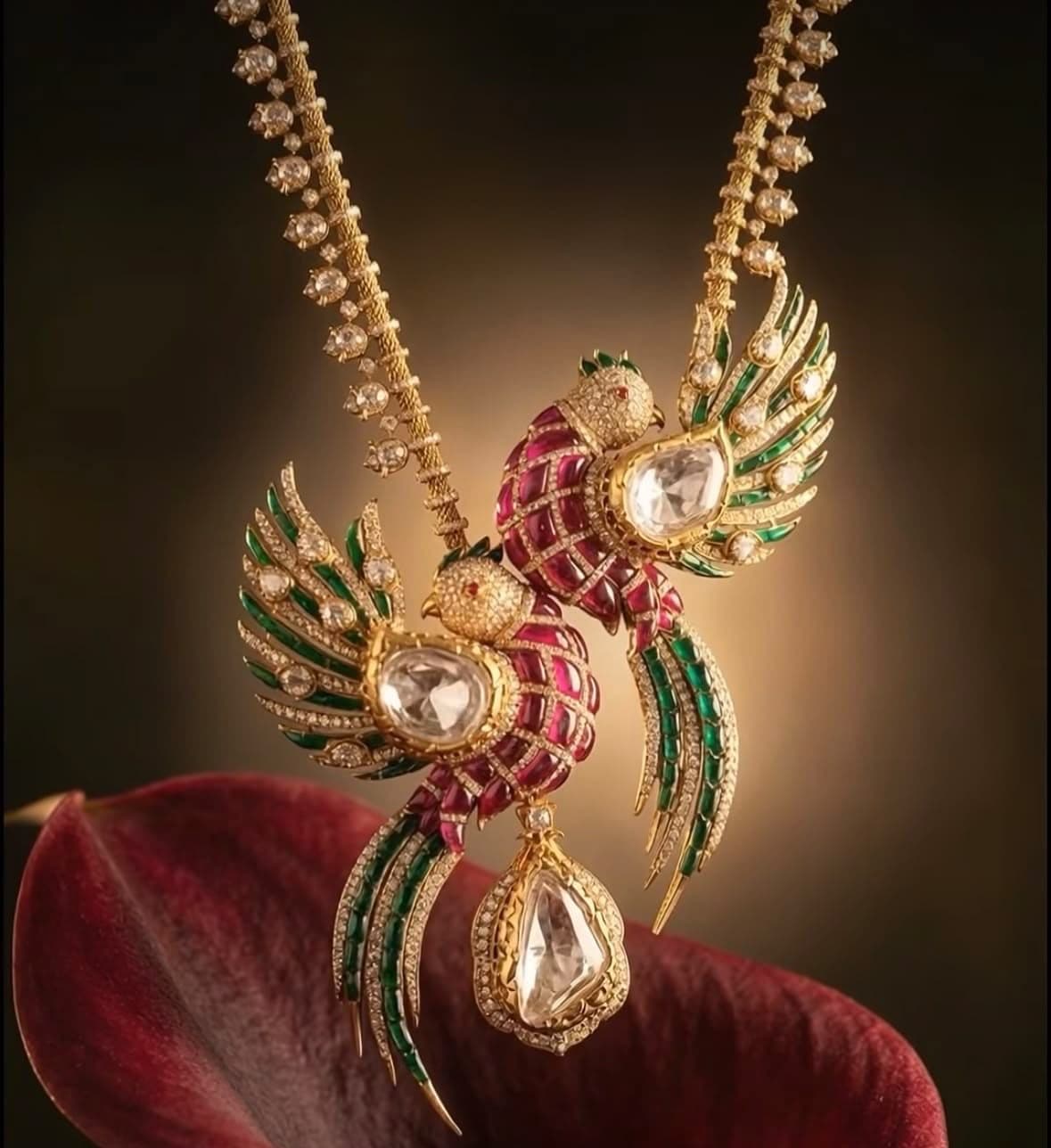Twin Flight — Two birds caught mid-turn, wings feathered in green and gold, a single uncut stone held at the centre of each.